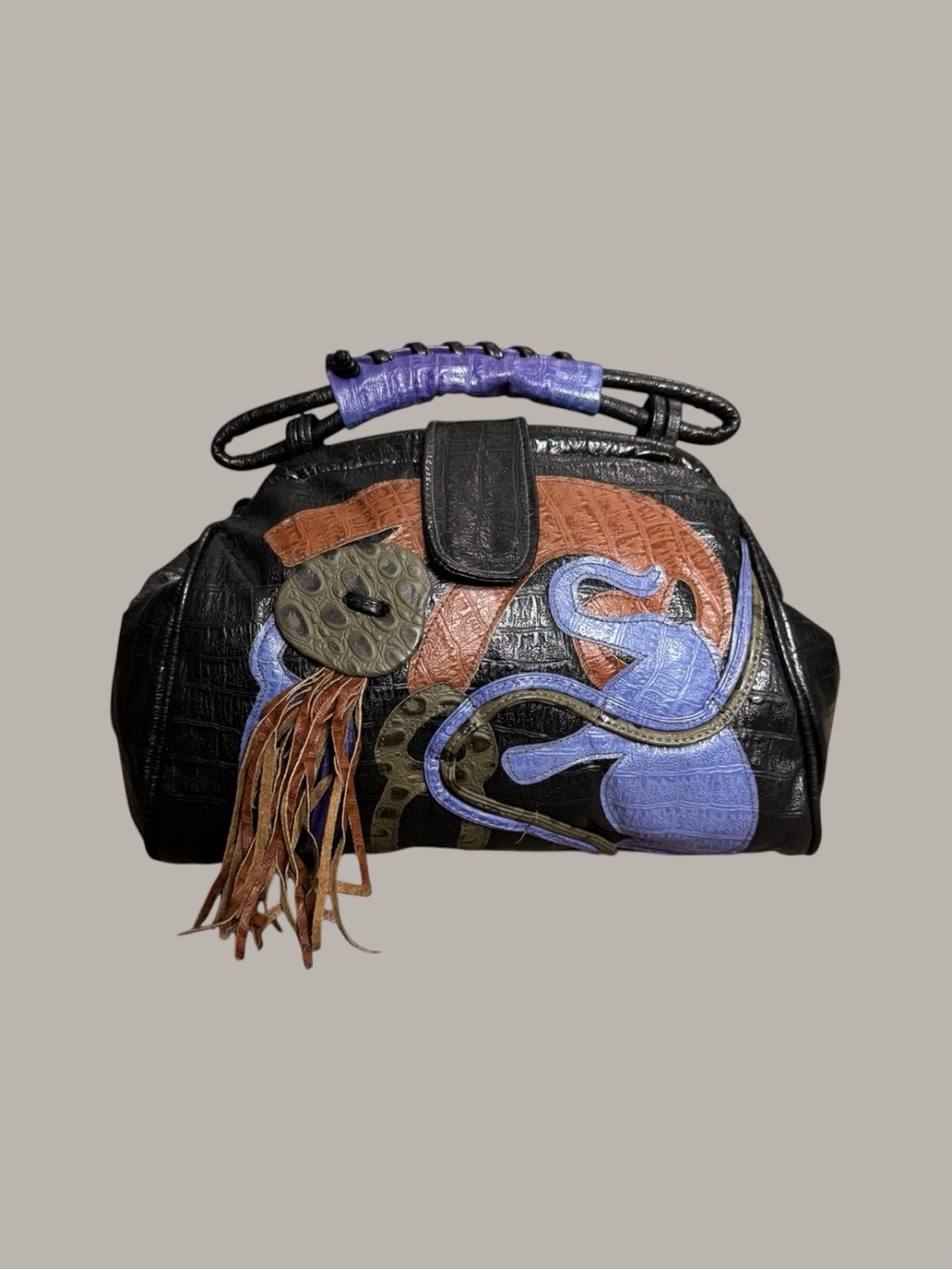 Black Leather Statement Satchel with Purple and Brown Accents